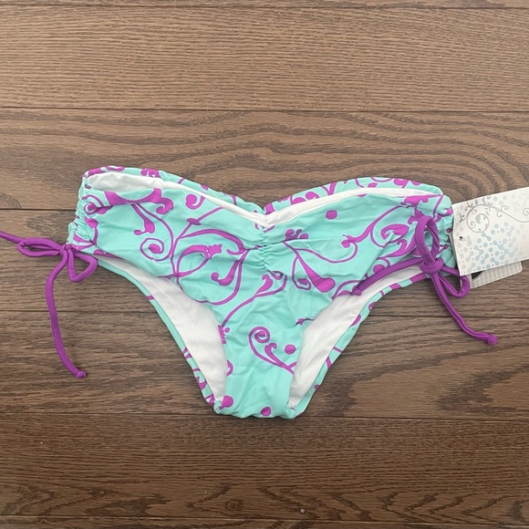 Saha Bikini Swim Set / Bandeau Halter, Ruched Hipster - Turquoise & Purple Print - Picture 4 of 15